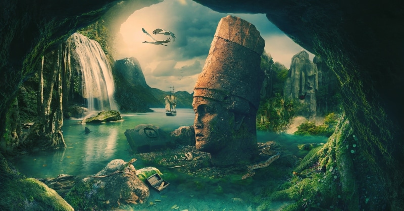 rock - object, fantasy art, scenics - nature, beauty in nature, tranquility, sky, water, body, 1080P, rock, solid, day, buddha, outdoors, history