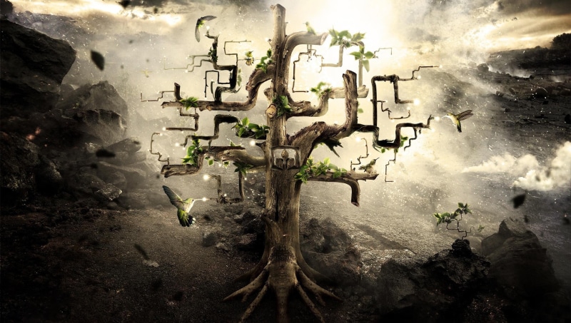 architecture, nature, trunk, sky, plant part, artwork, green, land, beauty in nature, outdoors, growth, digital art, tree, digital composite, cloud - sky