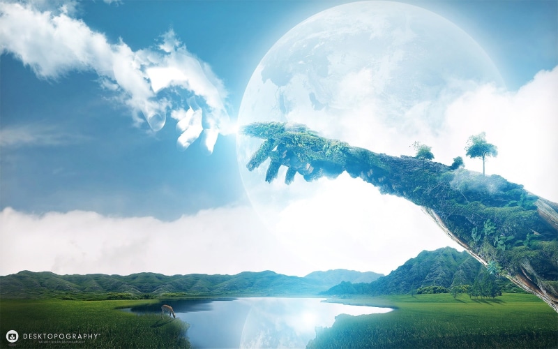 non-urban scene, no people, fantasy art, plant, mountain range, outdoors, sunbeam, nature, landscape, space art, sky, tree, Desktopography, mountain, mountain peak