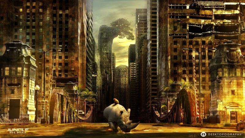outdoors, one animal, Desktopography, mammal, skyscraper, digital, jungle, city, cityscape, animal themes, animal, domestic animals, animal wildlife, vertebrate