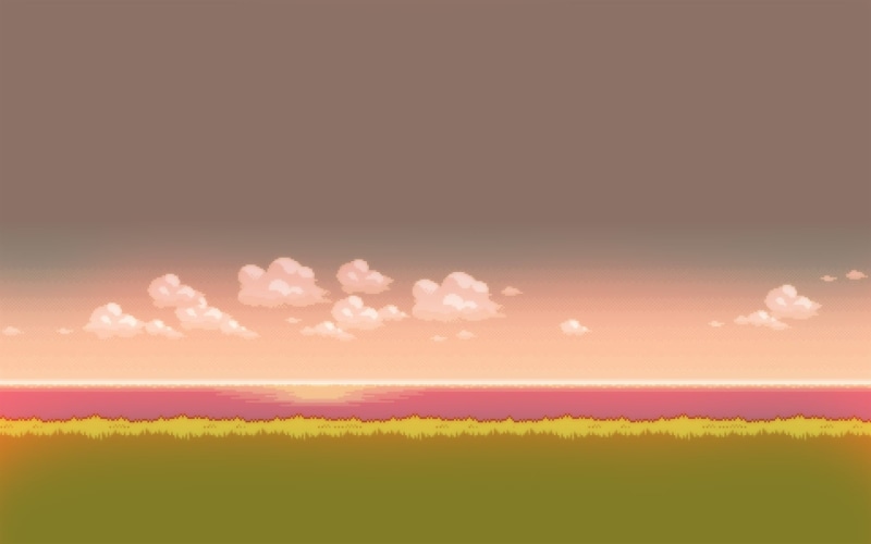 sun, green, sky, grass, tranquility, no people, pixels, sunset, land, backgrounds, clouds, bright, digital art, beauty in nature, pixel art