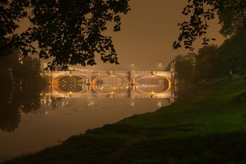 piedmont, land, mode of transportation, grass, water, architecture, urban, italy, bridge, nightly, night, turin, no people, outdoors, po, city, reflection