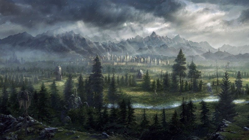 Pine Trees, castle, video games, nature, rain, landscape, digital art, clouds, 1080P, fantasy Art, rock, Stream, Trees, Total War: Warhammer, mountains