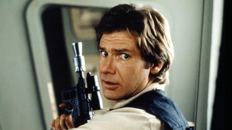 Han Solo, headshot, occupation, men, adult, 1080P, side view, science fiction, Harrison Ford, one person, weapon, males, indoors, Star Wars, gun, mid adult