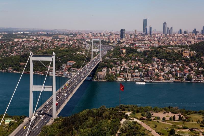 bridge, Istanbul, modern, office building exterior, Fatih Sultan Mehmet Bridge, architecture, bay, high angle view, skyscraper, 1080P, city, travel, residential district