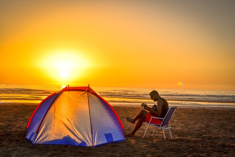 on chair, playing, people, sunlight, sun, adventure, 4K, camping, horizon over water, near, nature, guitar, leisure Activity, beauty in nature, travel
