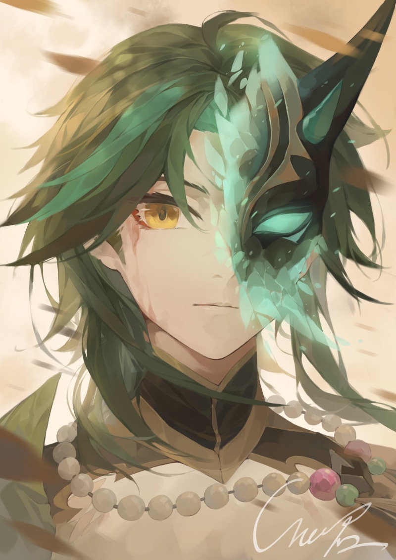 Genshin Impact, xiao, mushi c jun, yellow eyes, green hair, mask, solo, 2K