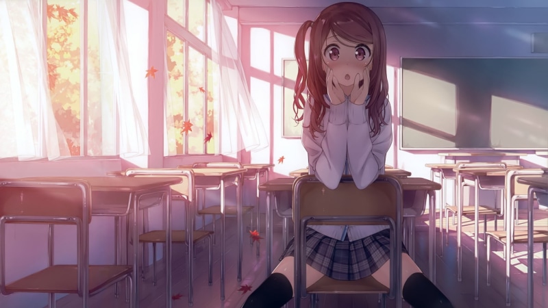 Kantoku, seat, thigh-highs, day, casual clothing, front view, indoors, sitting, chair, real people, one person, leisure activity, table, young women, window