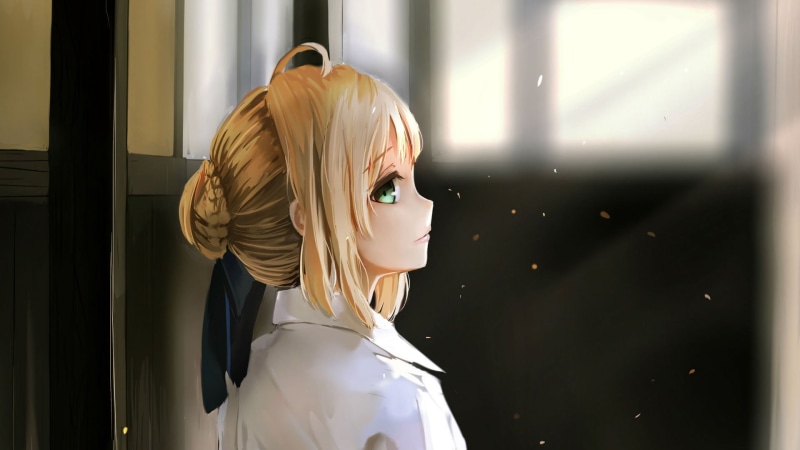 ribbon, hairstyle, mannequin, 1080P, looking back, indoors, close-up, Saber, male likeness, Fate Series, shopping, green eyes, animated, bangs, looking at viewer