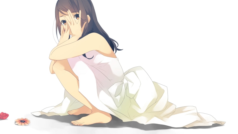 anime, squatting, solo, barefoot, anime girls, 2K, brunette
