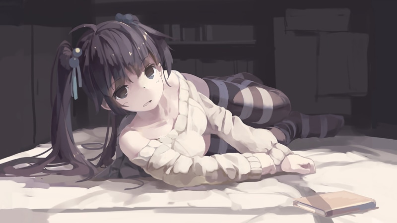 animal, still life, sunlight, home interior, animal themes, anime girls, stockings, no people, 1080P, art and craft, long hair, bed, close-up, indoors