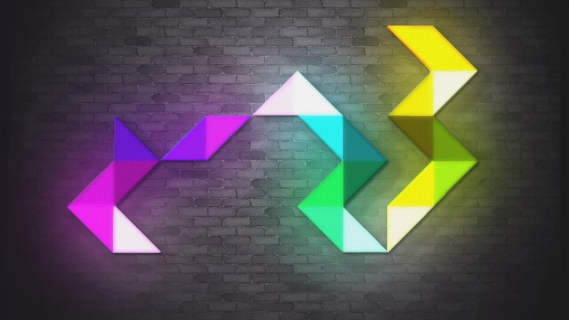 warm, directional sign, neon, wall - building feature, arrow symbol, shape, creativity, communication, triangle, indoors, art and craft, glowing, multi colored