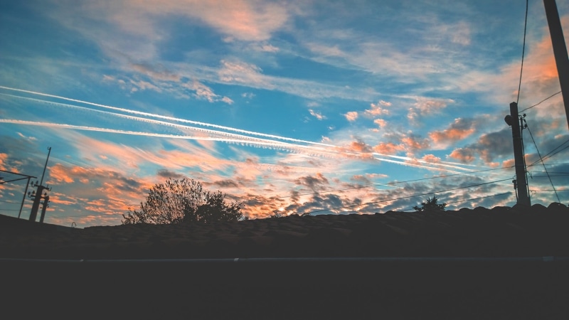 vapor trail, tree, fall, environment, connection, cloud - sky, sky, orange color, warm colors, technology, outdoors, clouds, nature, no people, photography