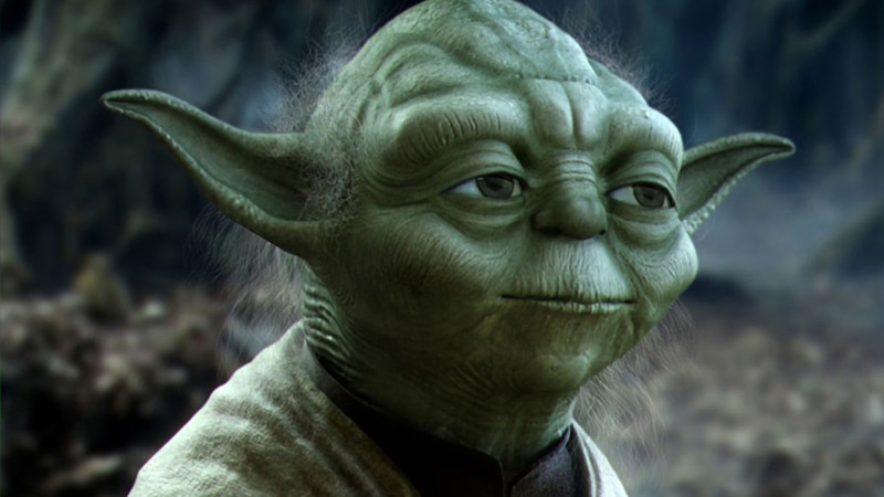 front view, day, Star Wars, focus on foreground, contemplation, close-up, emotion, star, 1080P, human face, disguise, headshot, Yoda, one person, horned