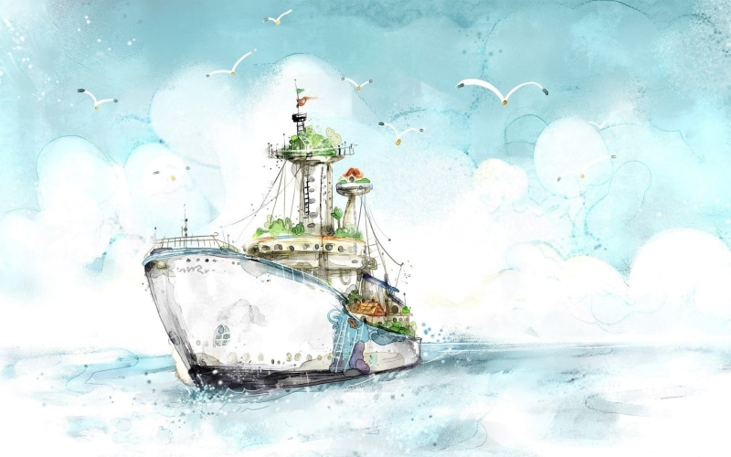 clouds, fantasy art, birds, 1080P, warm colors, artwork, watercolor, painting, sea, ship