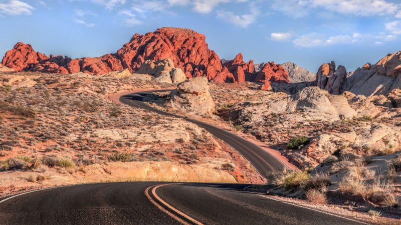 Valley of Fire State Park, warm colors, rock formation, Nevada, rock, mountains, shadow, desert, 4K, clouds, road, USA, nature, landscape