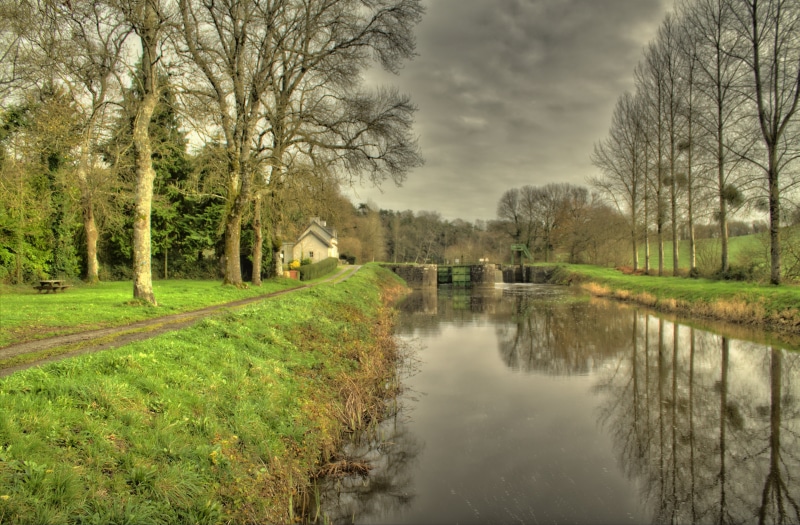 tranquil scene, non-urban scene, grass, reflection, outdoors, france, tourism, plant, 4K, tranquility, brittany, tree, bare tree, nantes to brest canal