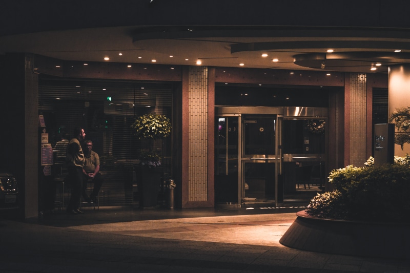 4K, women, full length, building exterior, restaurant, city, modern, interior design, entrance, night, inside, leisure activity, lighting equipment, one person