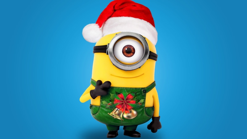 day, warm clothing, 2K, minions, clothing, Christmas, blue, minion, front view, holding, copy space, child, blue background, red, one person, toy, representation
