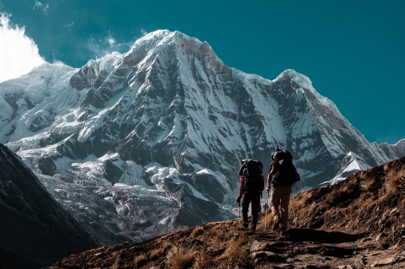 two people, tourist, walker, men, winter, non-urban scene, exploration, rear view, cold temperature, khumbu, glacier, real people, mountain Peak, blue