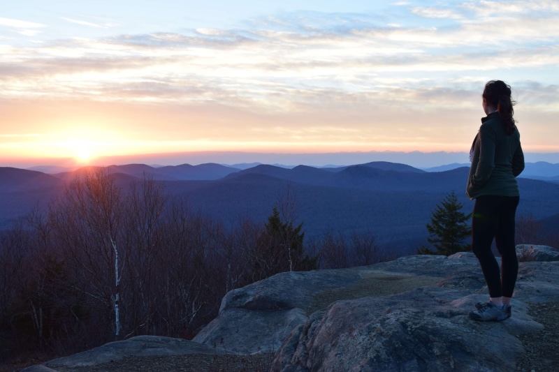 one person, person, real people, tranquility, full length, mountain woman, sunset, tranquil scene, mountain, adult, rear view, sky, looking at view, hike