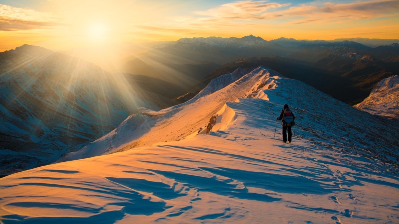 winter, sky, hiking, hike, mountaineer, sunlight, snow, sun, 4K, mount scenery, mountain, ridge, sunshine