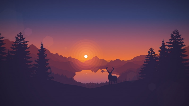 artwork, sunset, plant, nature, mountain range, no people, Trees, outdoors, drawing, Warm Colors, mountain, tranquility, Pine Trees, tree, one animal, lake