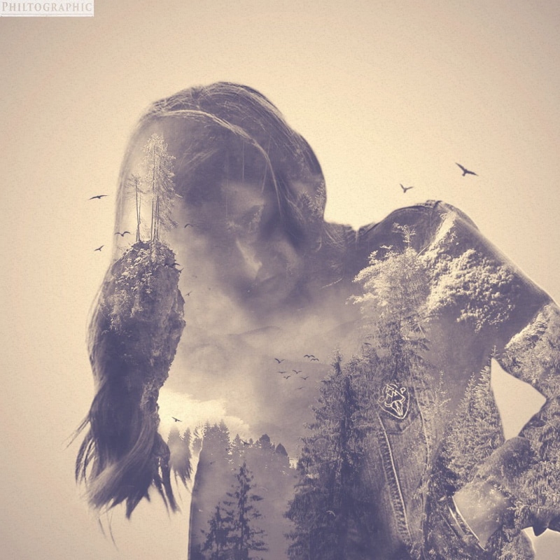 digital composite, bird, sky, dress, s, portrait, eagle, white, plant, outdoors, statue, creativity, representation, sculpture, nature, black, flying, double exposure