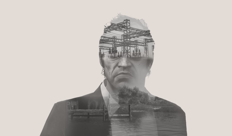 True Detective, contemplation, architecture, males, multiple exposure, monochrome, double exposure, digital composite, Trevor Philips, headshot, business