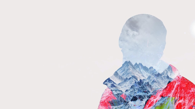mountain pass, mid adult, contemplation, mountain, rear view, white background, day, multi-layered effect, landscape, digital composite, sky, outdoors