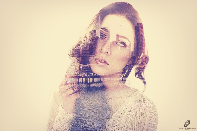 1080P, town, women, double exposure, Photoshop, face