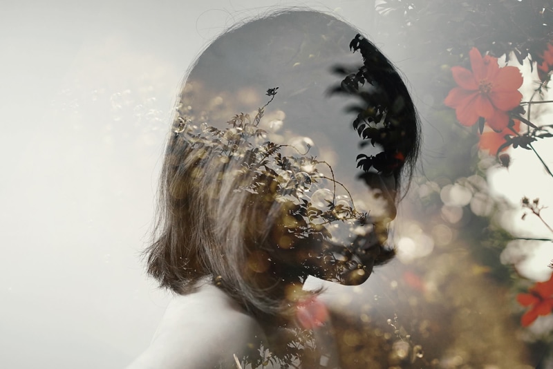 indoors, real people, plants, headshot, human hair, close-up, women, plant, leisure activity, water, lifestyles, flower, 1080P, multiple exposure, one person
