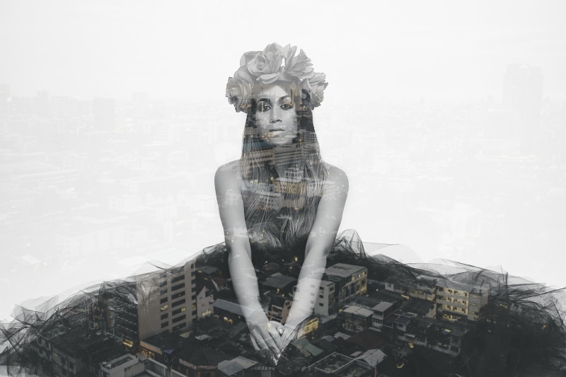women, monochrome, flower in hair, double exposure, photo manipulation, 5K
