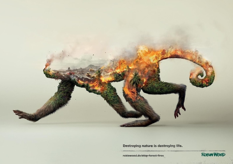 smoke, wildlife, forest clearing, ecology, nature, simple background, digital art, animals, Robin Wood, artwork, 720P, trees, monkey, environment, destruction
