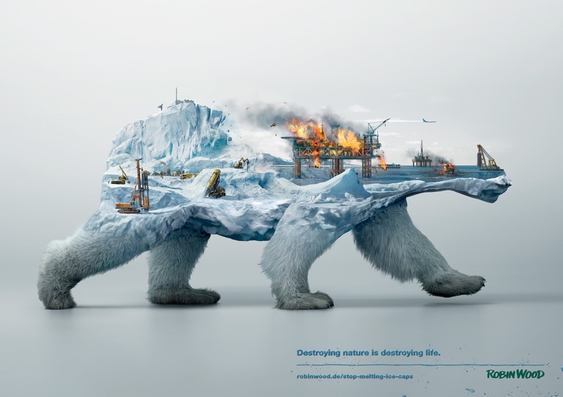 environment, poster, ecology, ice, artwork, Robin Wood, fire, wildlife, simple background, snow, polar bears, animals, sea, nature, iceberg, double exposure