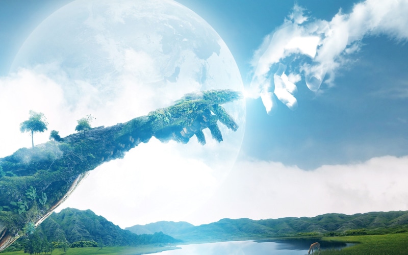 plants, Trees, Moon, Deer, 2K, Hills, digital art, Fingers, The Creation Of Adam, forest, clouds, God, birds, hands, lake, Double Exposure, moss, nature