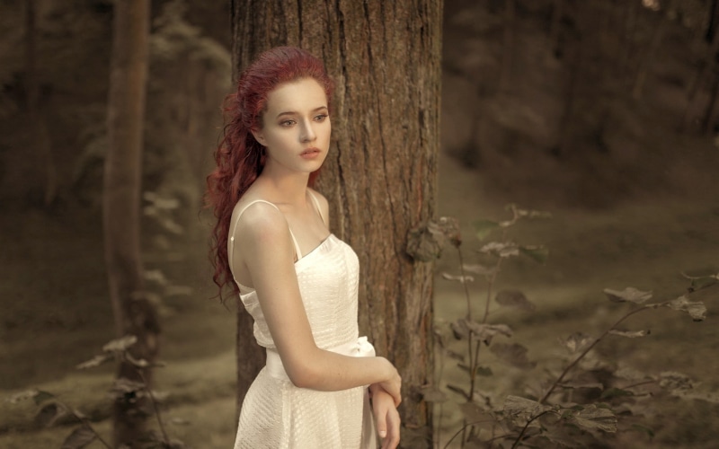 nature, adult, fashion, dress, model, focus on foreground, redhead, hair, one person, young women, long hair, portrait, tree bark, women, beauty, bokeh