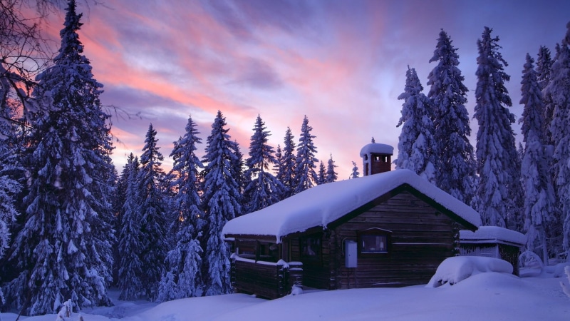 woods, nature and landscapes, sunset, cabin, 1080P, wood, winter, log