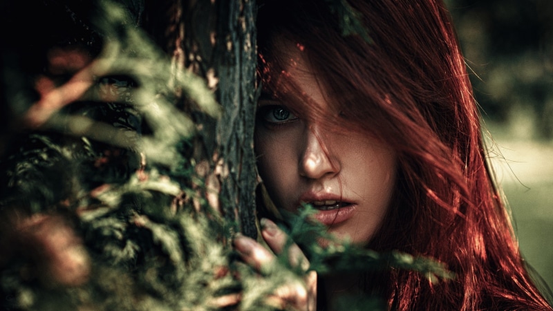 human face, contemplation, young adult, plant, bark, young women, tree, face, one person, outdoors, sun rays, hair, women outdoors, dyed red hair, hairstyle