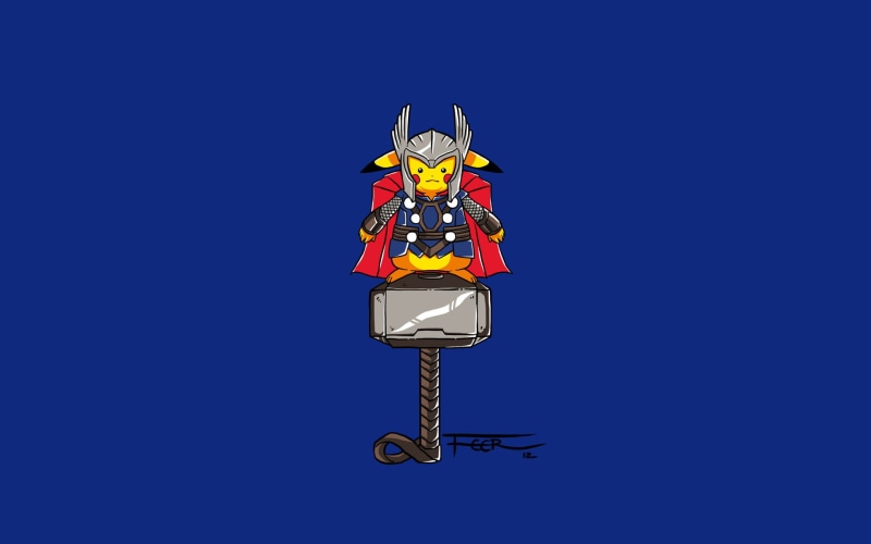 pikachu, 1080P, hd, pokemon, blue, cartoon/comic, thor, mjolnir
