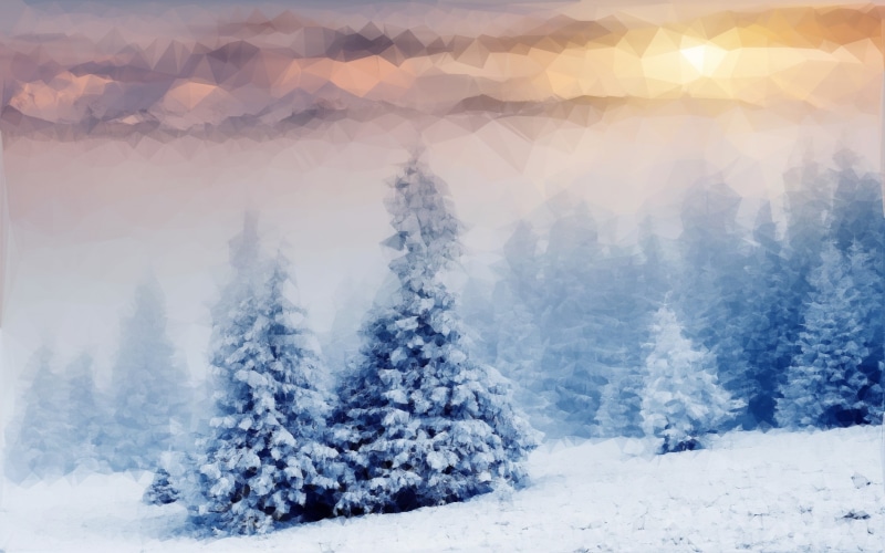 nature, polygon art, snow, trees, 2K, clouds, Sun