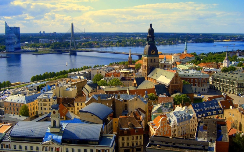 river, bridge, house, panorama, sky, Riga, 1080P, Latvia
