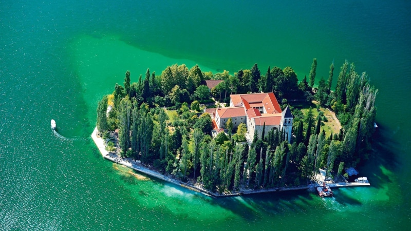 Croatia, trees, the monastery, river, Visovac, 1080P, island, panorama, Krka