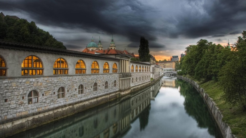 slovenia, 1080P, river, animals, trees, clouds, ljubljana, building