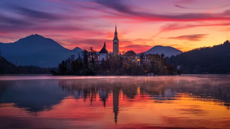 europe, dusk, afterglow, church, nature, loch, mariinsky church, lake bled, island, reflection, slovenia, lake, sky, julian alps, bled island, bled castle