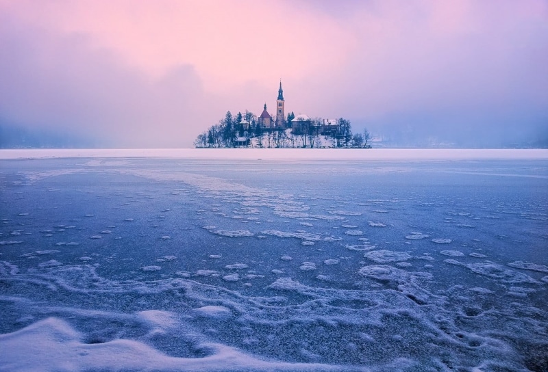 winter, sky, twilight, land, outdoors, frost, nature, built structure, sea, water, environment, landscape, 720P, Lake Bled, lake, Slovenia, beauty in nature