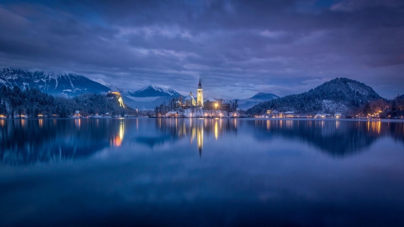 bled island, mountains, lake, no people, bled castle, julian alps, slovenia, building, castle, alps, mountain, scenics - nature, sky, built structure, evening