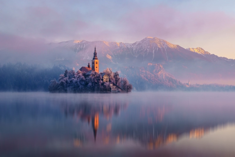 island, frost, nature, Slovenia, Lake Bled, snow, reflection, architecture, church, morning, trees, sunset, landscape, 1080P, mist, lake, mountains, winter