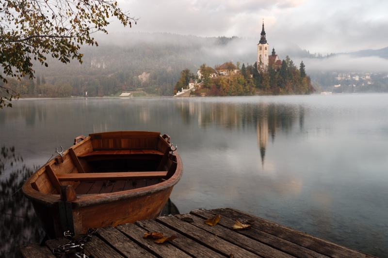 church, fog, moored, castle, island, water, 5K, rowboat, transportation, lake bled, boat, mode of transportation, wooden, scenics - nature, autumn, lake