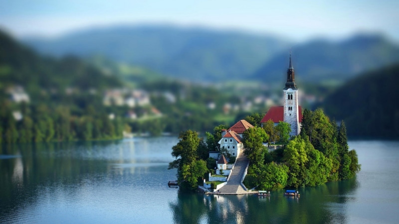 church, Lake Bled, island, tilt shift, 1080P, blurred